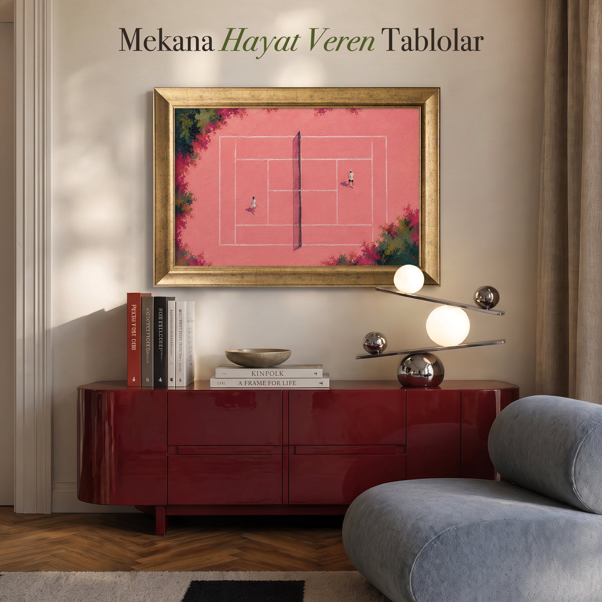 Pembe Tenis Kortu Kanvas Tablo – Yukarıdan Görünüm Modern Spor Temalı Duvar Tablosu