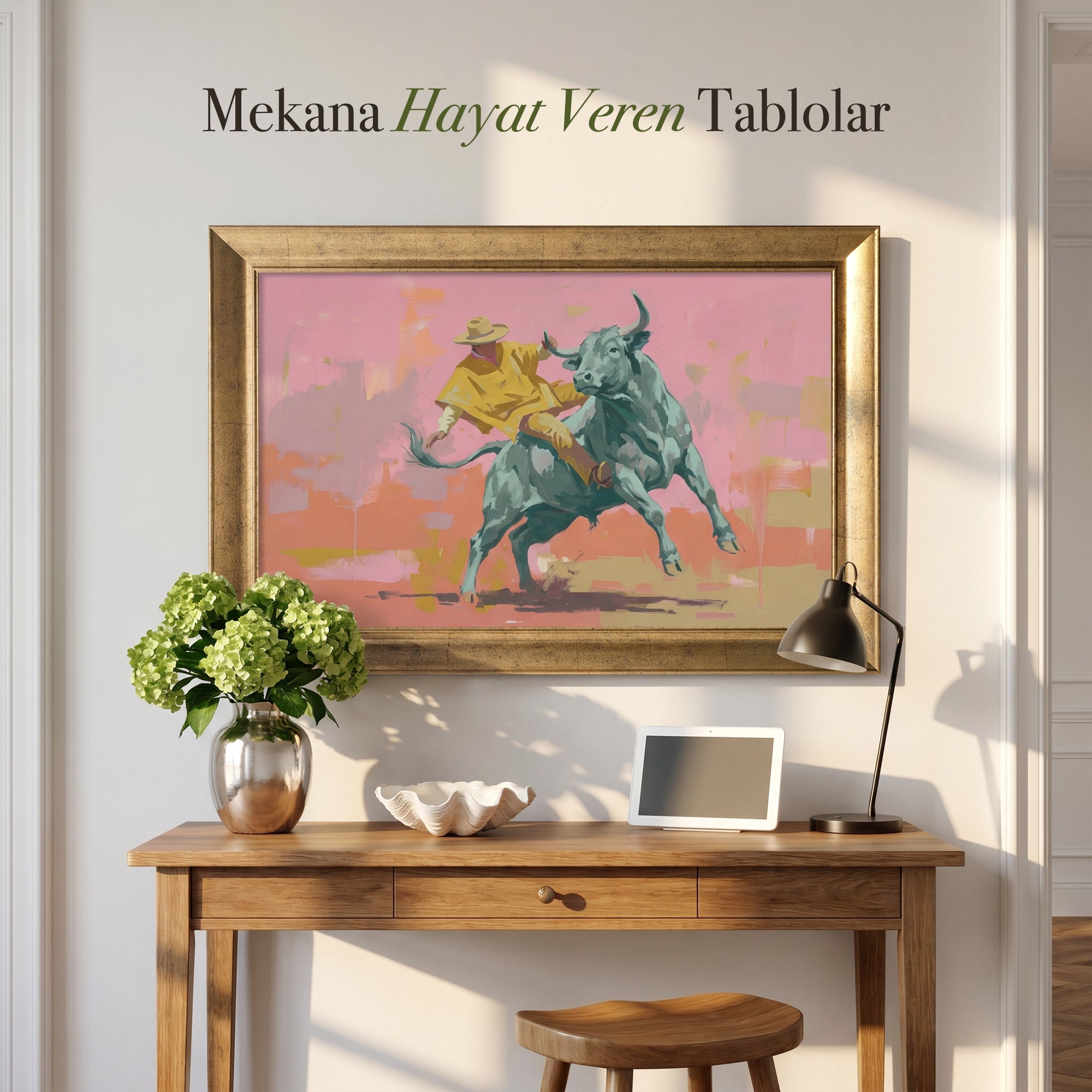 "Rodeo Yapan Kovboy ve Boğa" Kanvas Tablo
