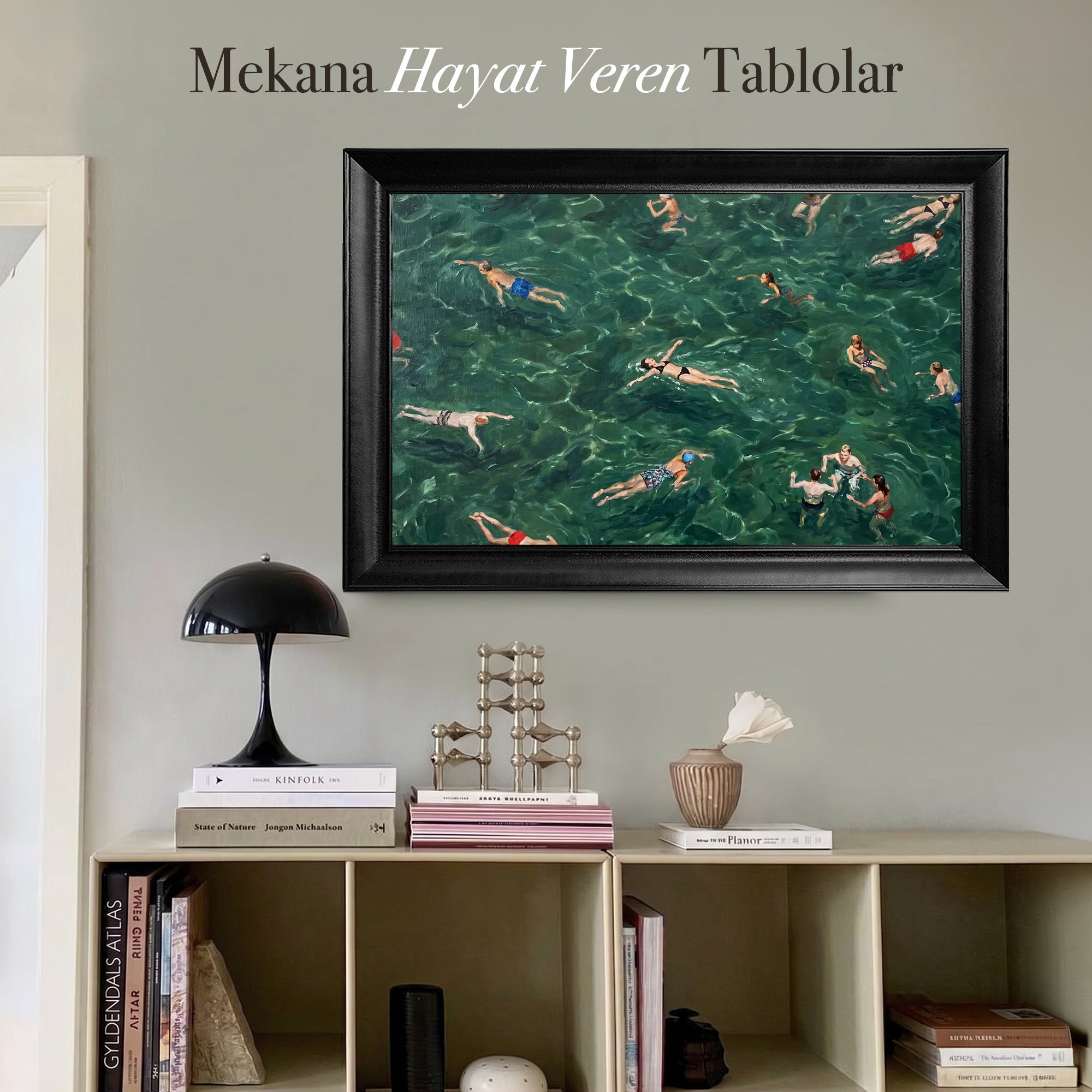 Denizde Yüzen İnsanlar Kanvas Tablo | Modern Deniz Manzarası Duvar Dekoru | Yaz Temalı Sanat Eseri