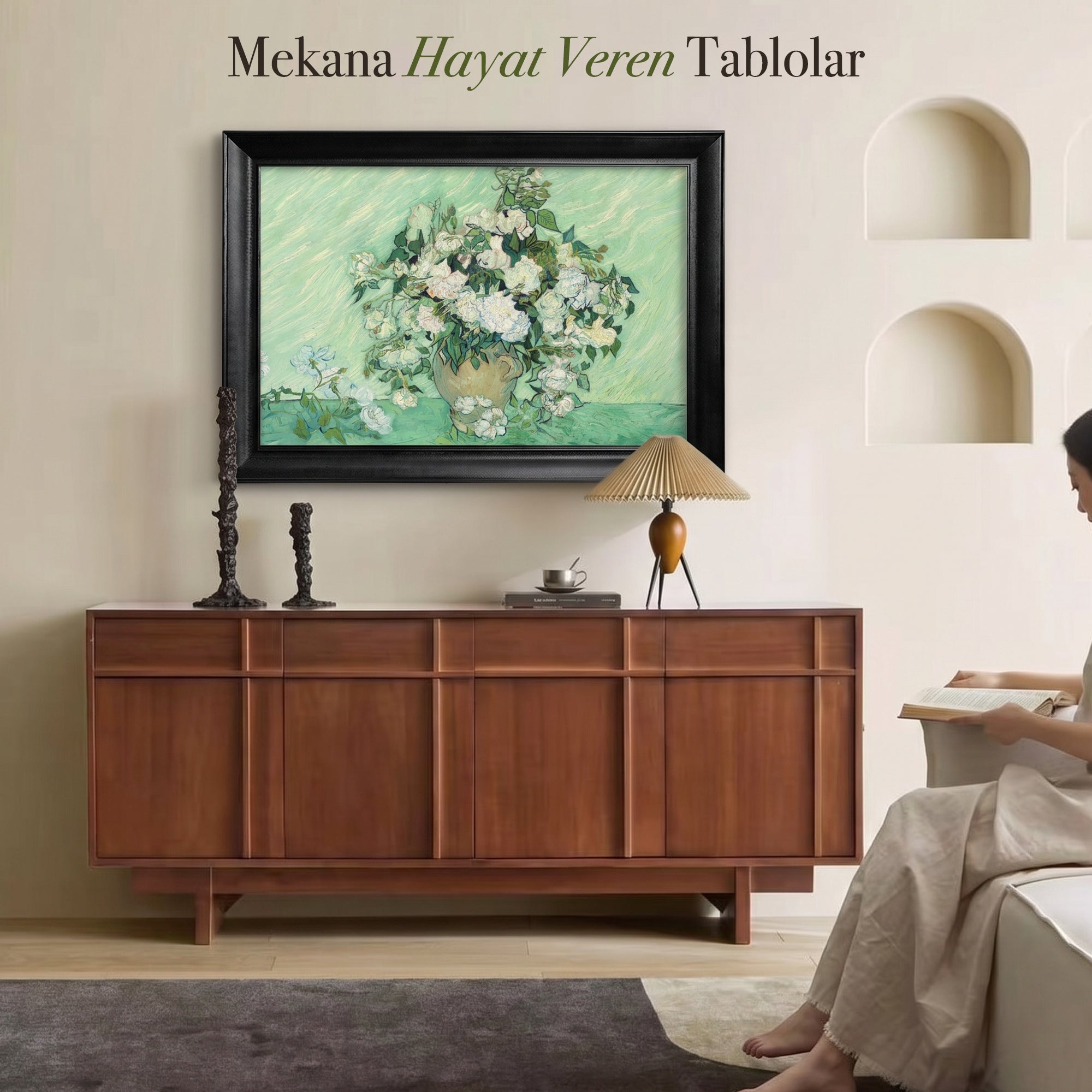 Vazoda Beyaz Çiçekler Tablosu | Van Gogh Tarzı Floral Kanvas Duvar Dekoru
