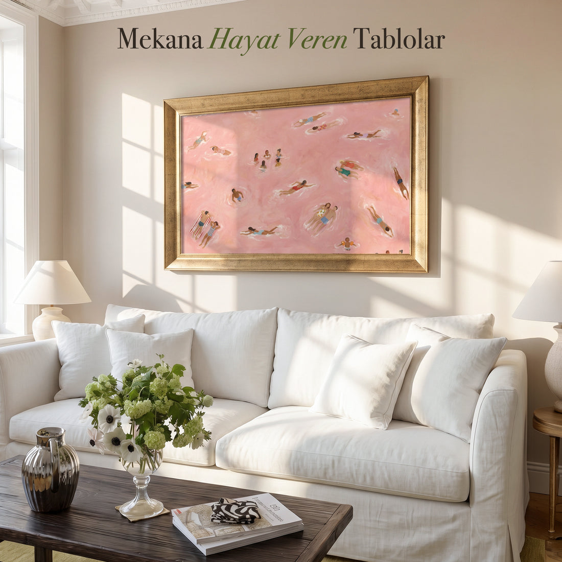 "Pembe Suda Yüzen İnsanlar" Kanvas Tablo