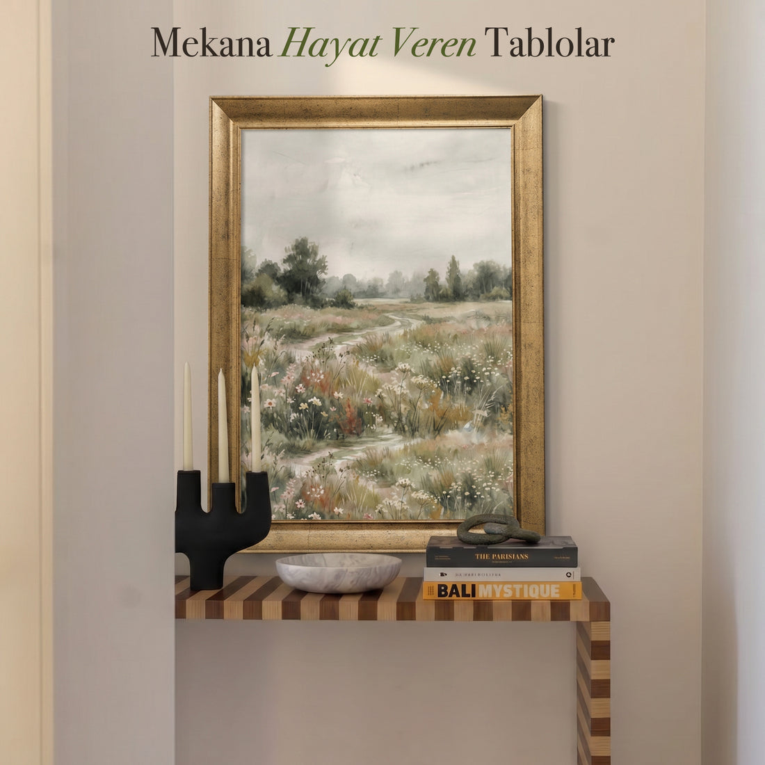 Çiçekli Kır Manzarası Kanvas Tablo – Pastel Doğa Temalı Dekoratif Duvar Tablosu