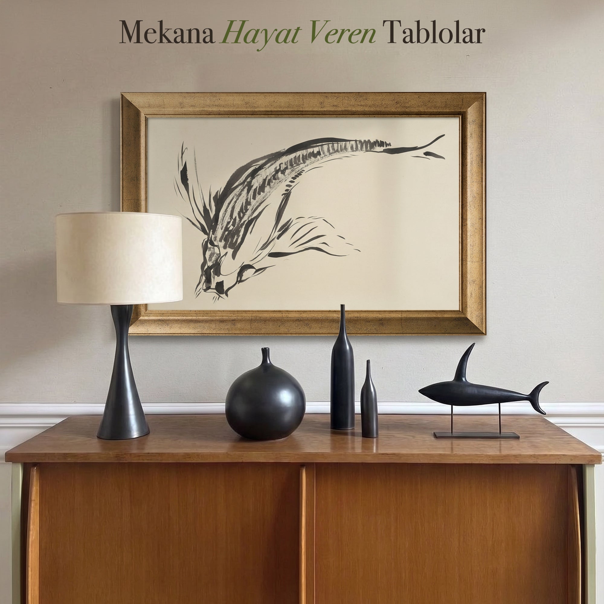 Siyah Beyaz Balık Çizimi Kanvas Tablo – Minimalist Deniz Temalı Duvar Dekoru