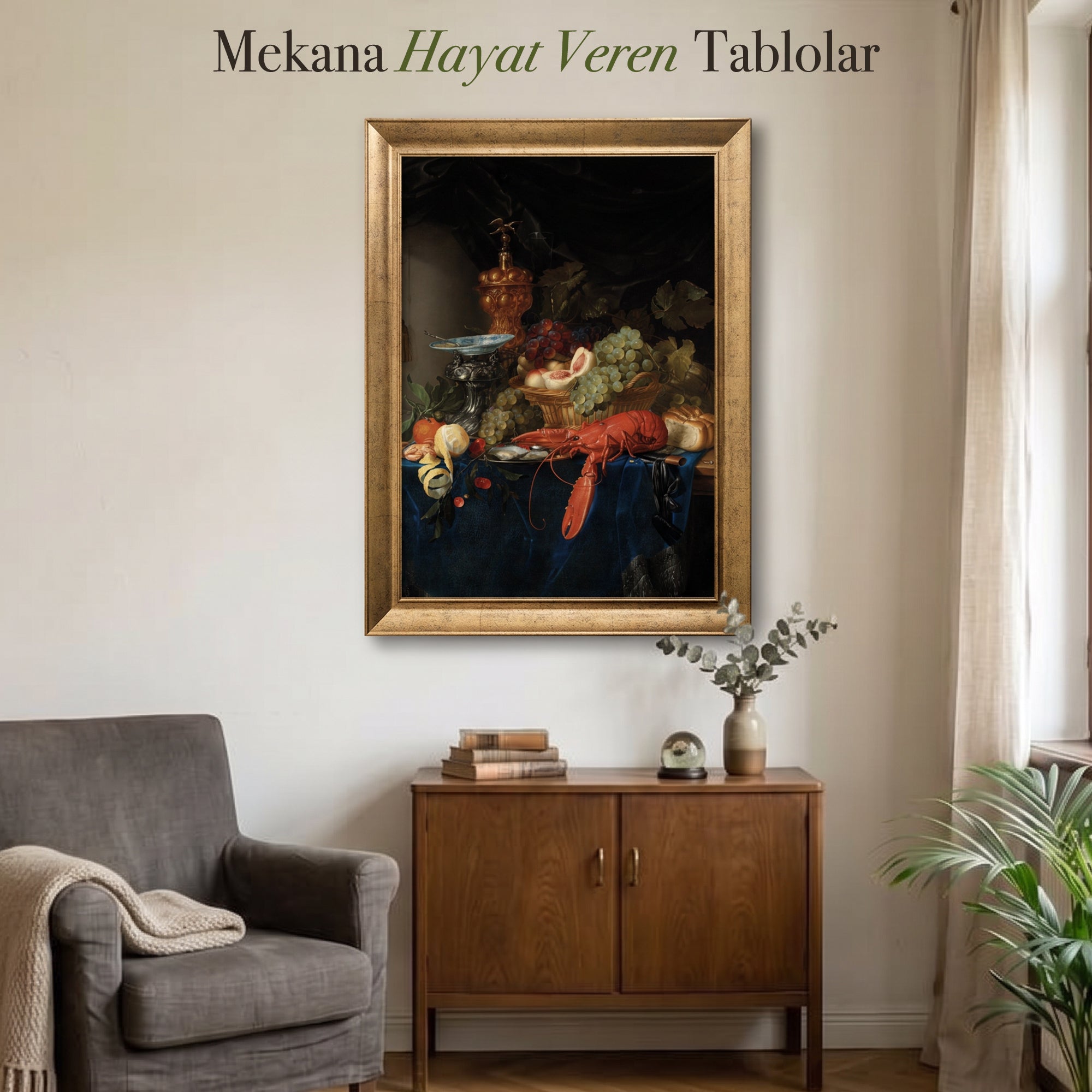 Klasik Natürmort Poster – Meyve ve Deniz Ürünleri Temalı Vintage Duvar Posteri
