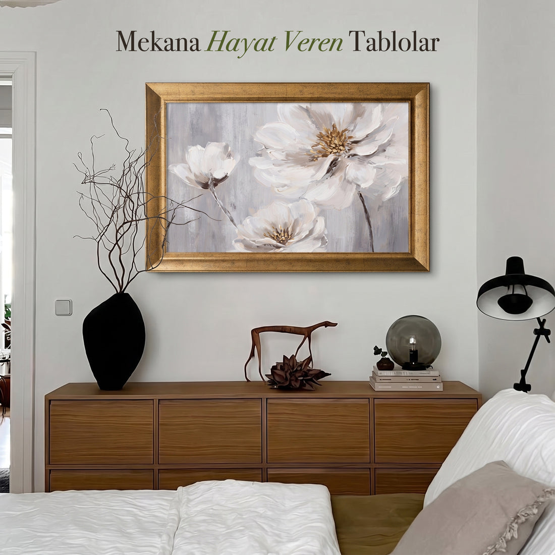 Beyaz Çiçekler Modern Duvar Tablosu | Zarif Çiçek Temalı Kanvas Sanat Eseri