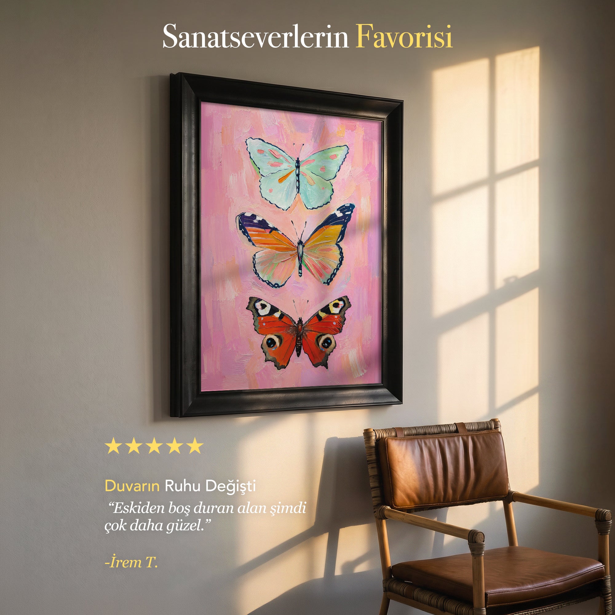 Pembe Zeminde Kelebekler – Renkli Modern Kanvas Tablo