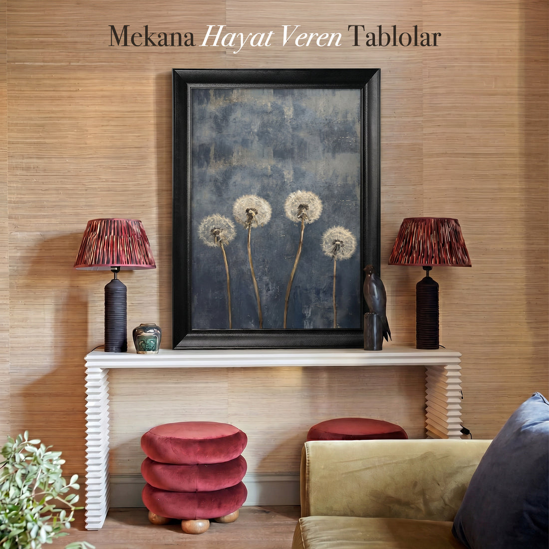 Karahindiba Çiçekleri Kanvas Tablo – Mavi Fonlu Minimalist Botanik Duvar Dekoru