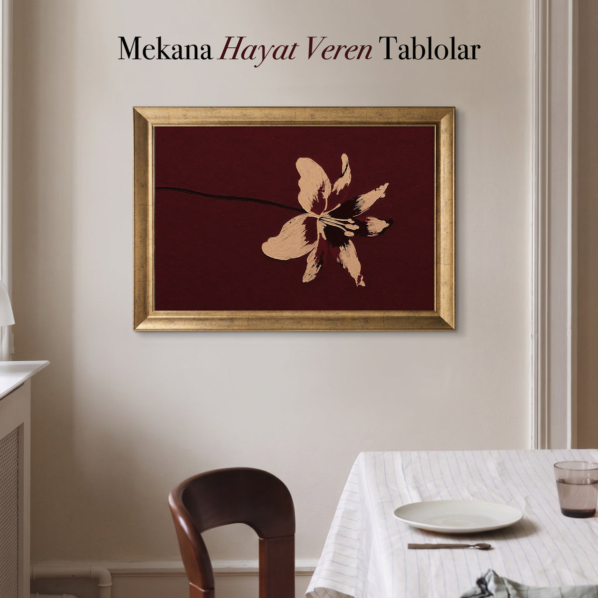 Bordo Zeminde Tek Çiçek Kanvas Tablo