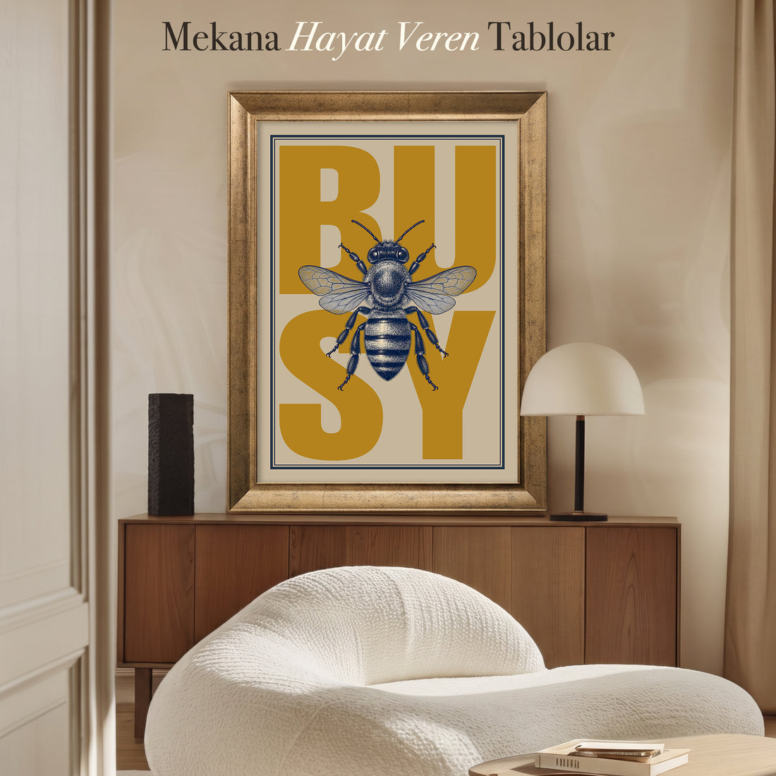 Busy Bee Kanvas Tablo – Arı Figürlü Retro Tipografik Duvar Sanatı