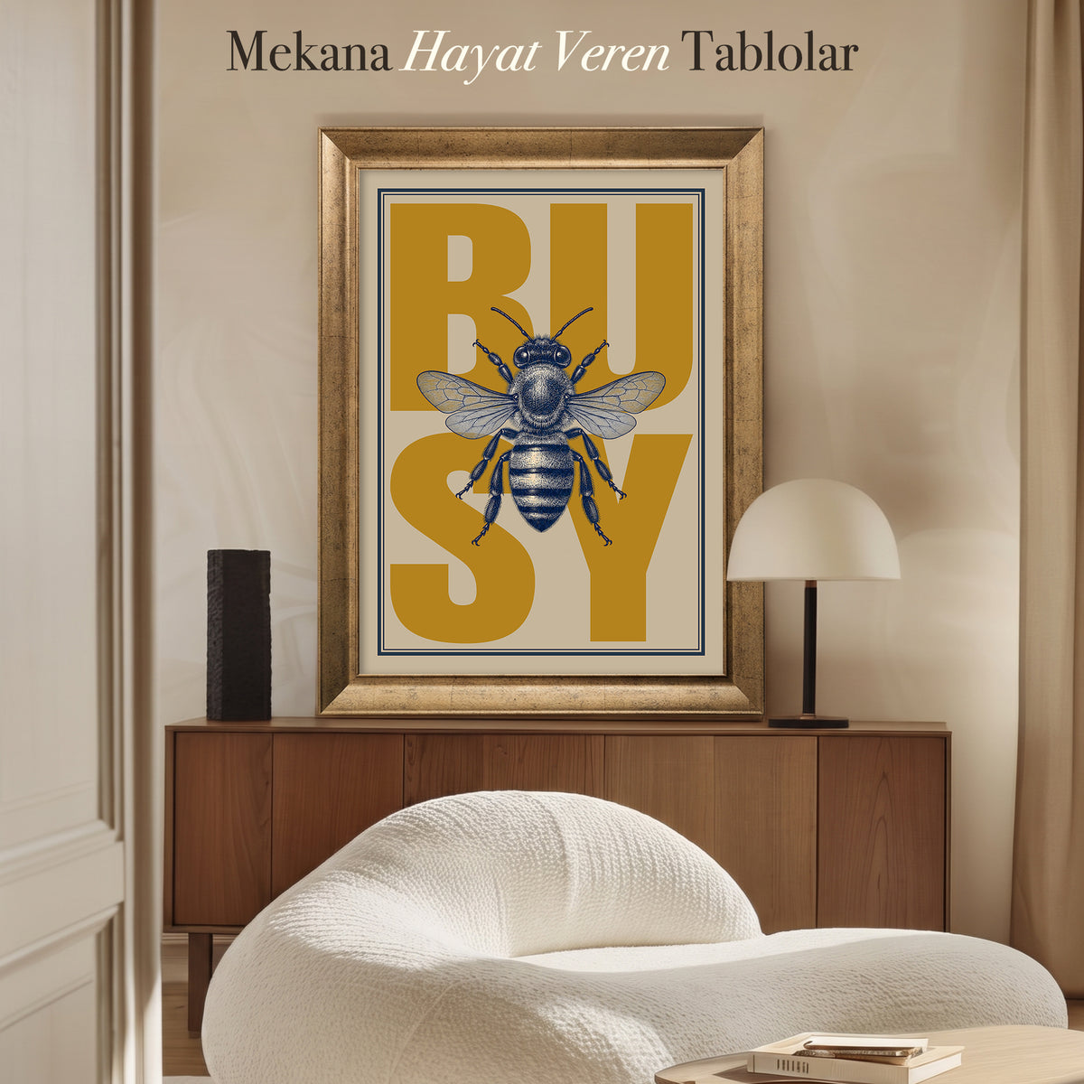 Busy Bee Kanvas Tablo – Arı Figürlü Retro Tipografik Duvar Sanatı