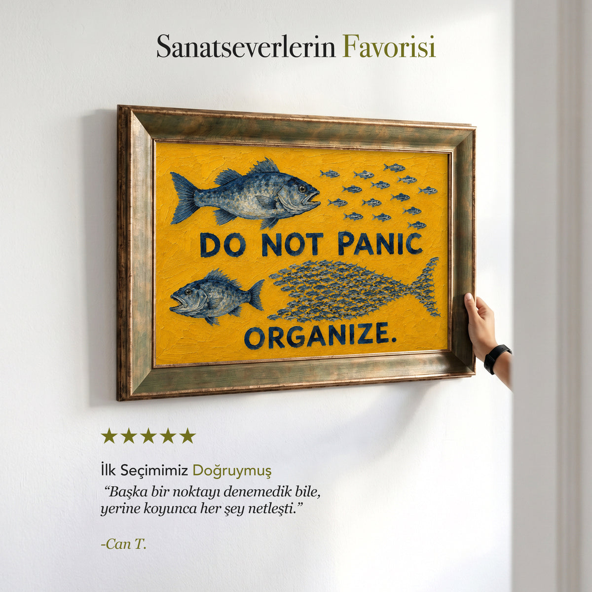 Do Not Panic Organize Balık Kanvas Tablo – Sarı Zemin Motivasyonel Duvar Dekoru