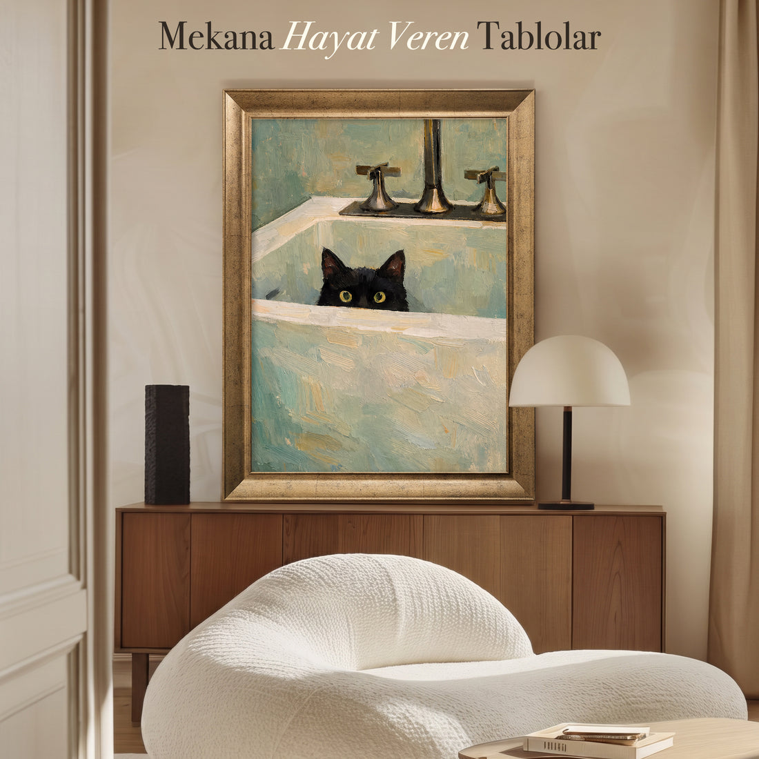 Küvette Meraklı Siyah Kedi Kanvas Tablo