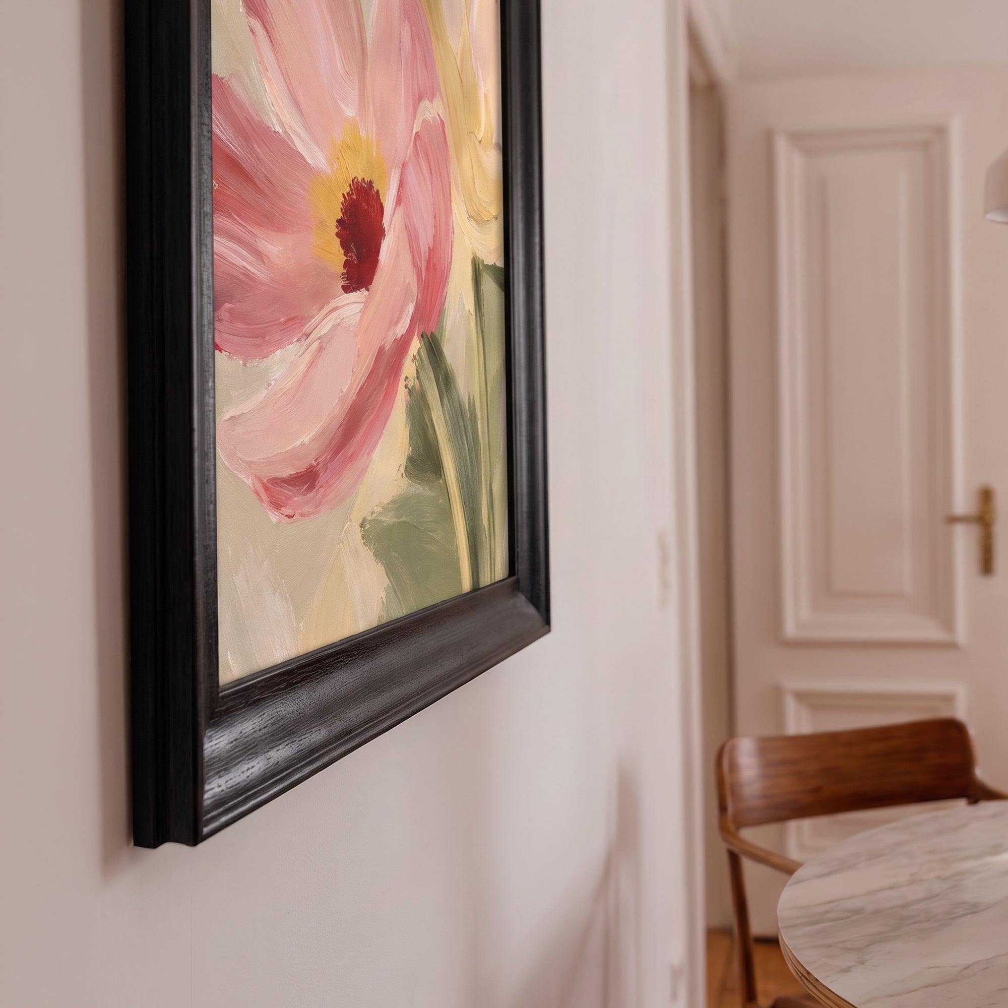 Pembe ve Sarı Çiçekler Kanvas Tablo – Pastel Fırça Dokulu Modern Floral Tablo