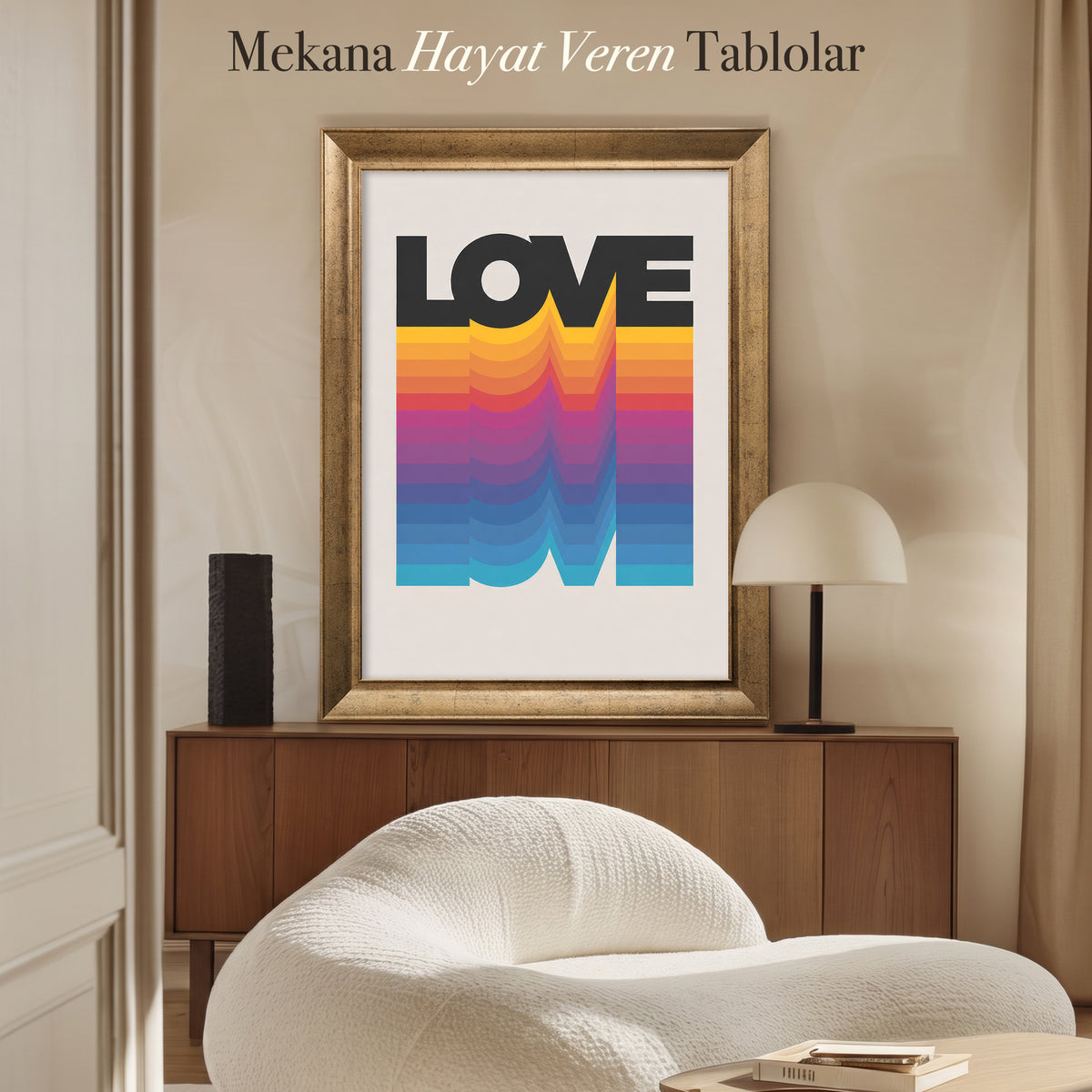 Love Rainbow Kanvas Tablo – Renkli Retro Tipografik Duvar Sanatı
