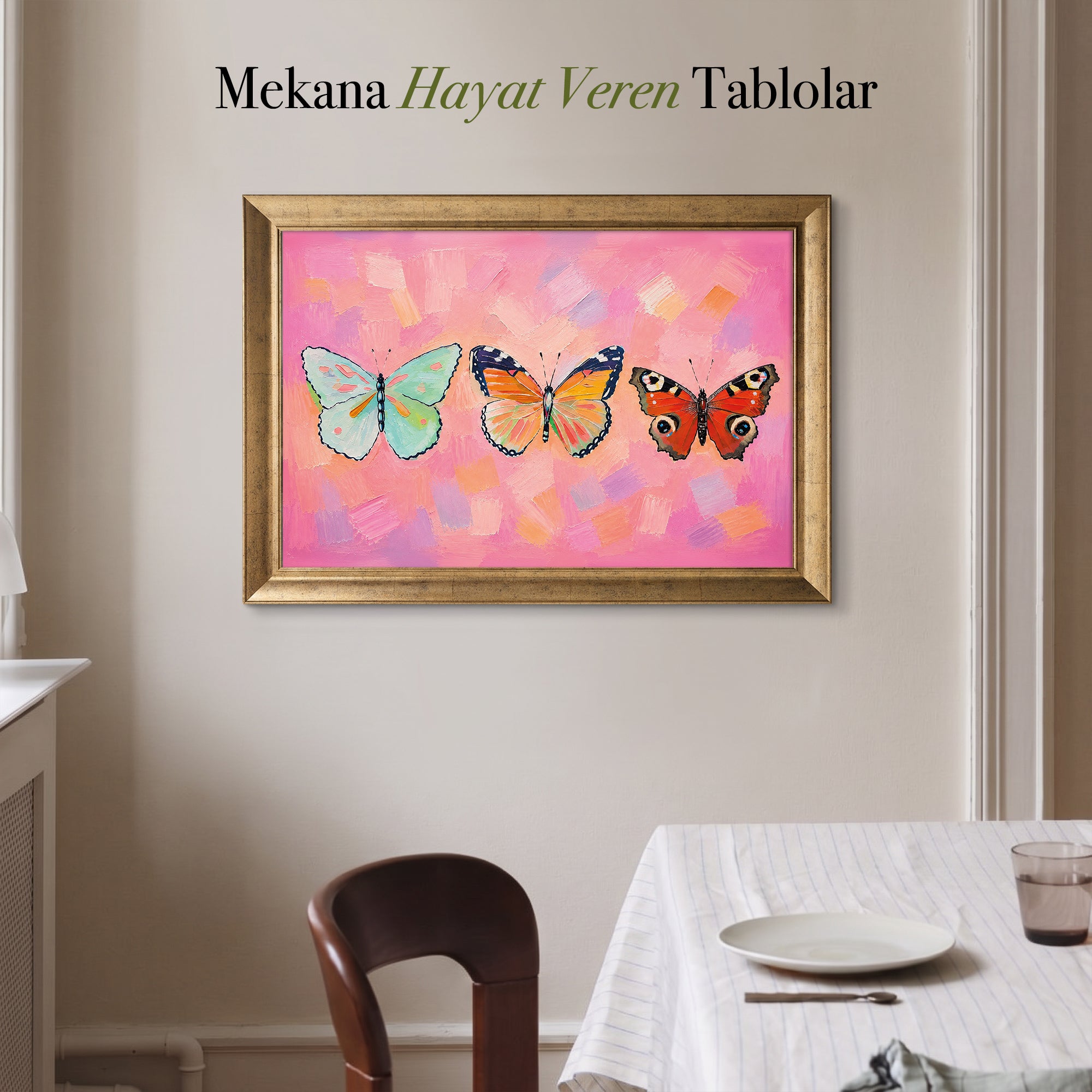 Pembe Zeminde Kelebekler – Renkli Modern Kanvas Tablo