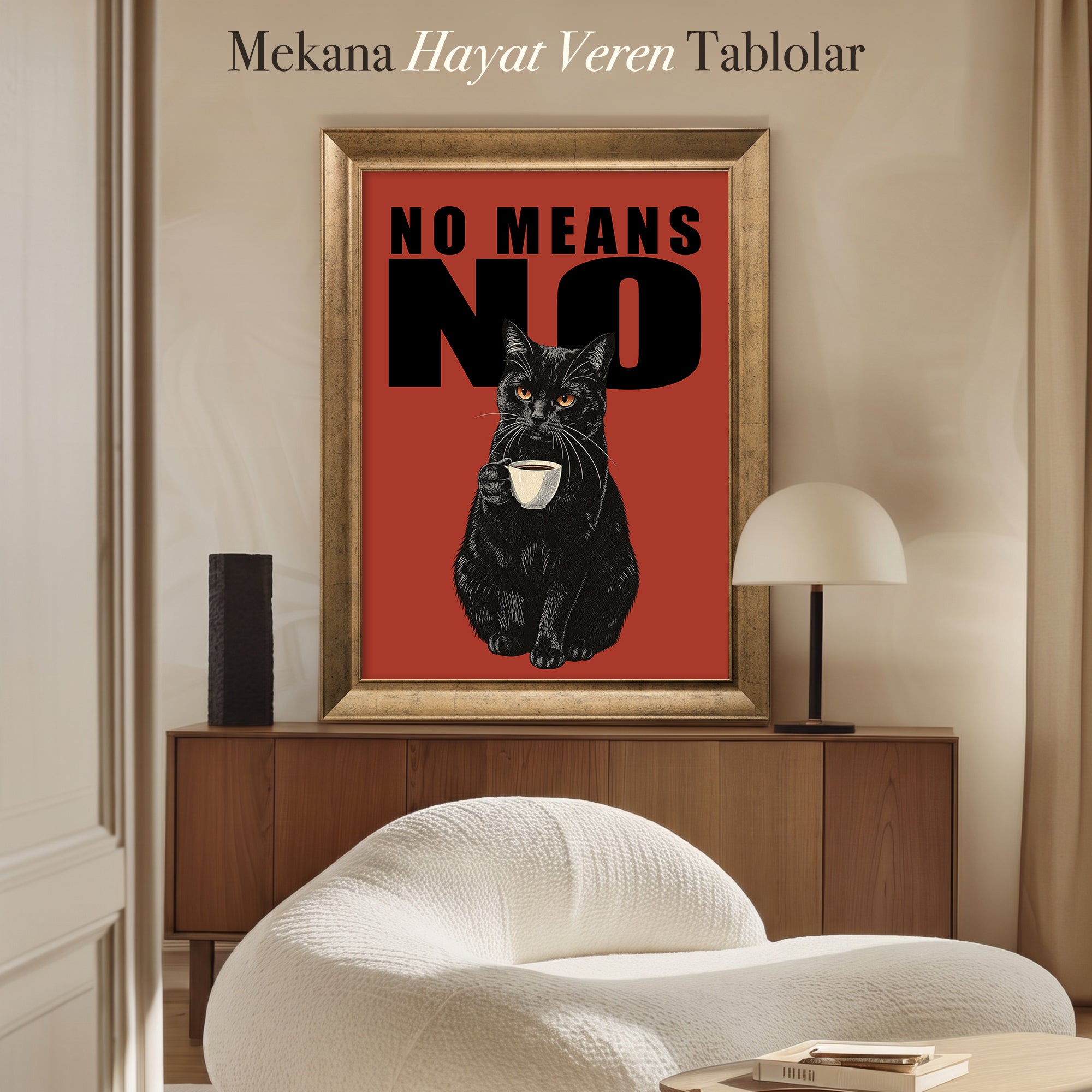 No Means No Siyah Kedi Kanvas Tablo – Mizahi Tipografik Duvar Sanatı