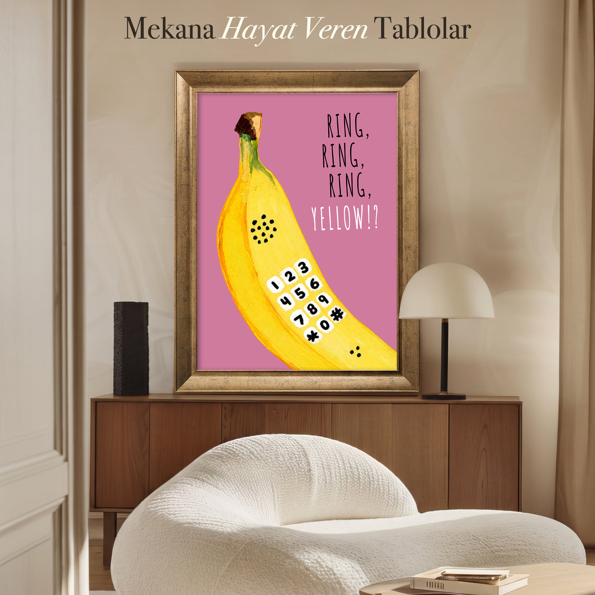 Ring Ring Ring Yellow Muz Telefonu Kanvas Tablo – Pembe Retro Mizahi Duvar Sanatı