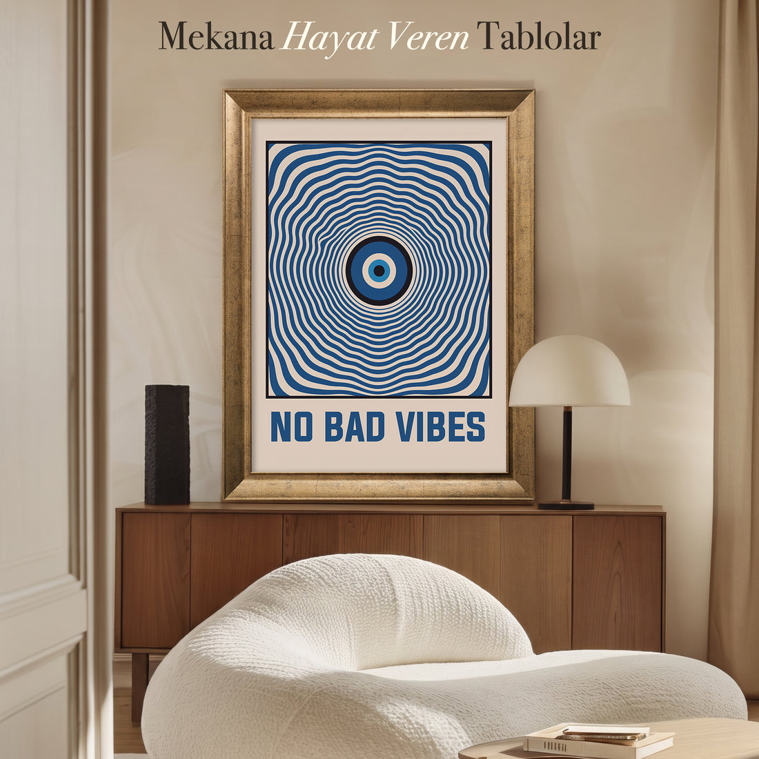 No Bad Vibes Nazar Gözü Kanvas Tablo – Mavi Retro Tipografik Duvar Sanatı