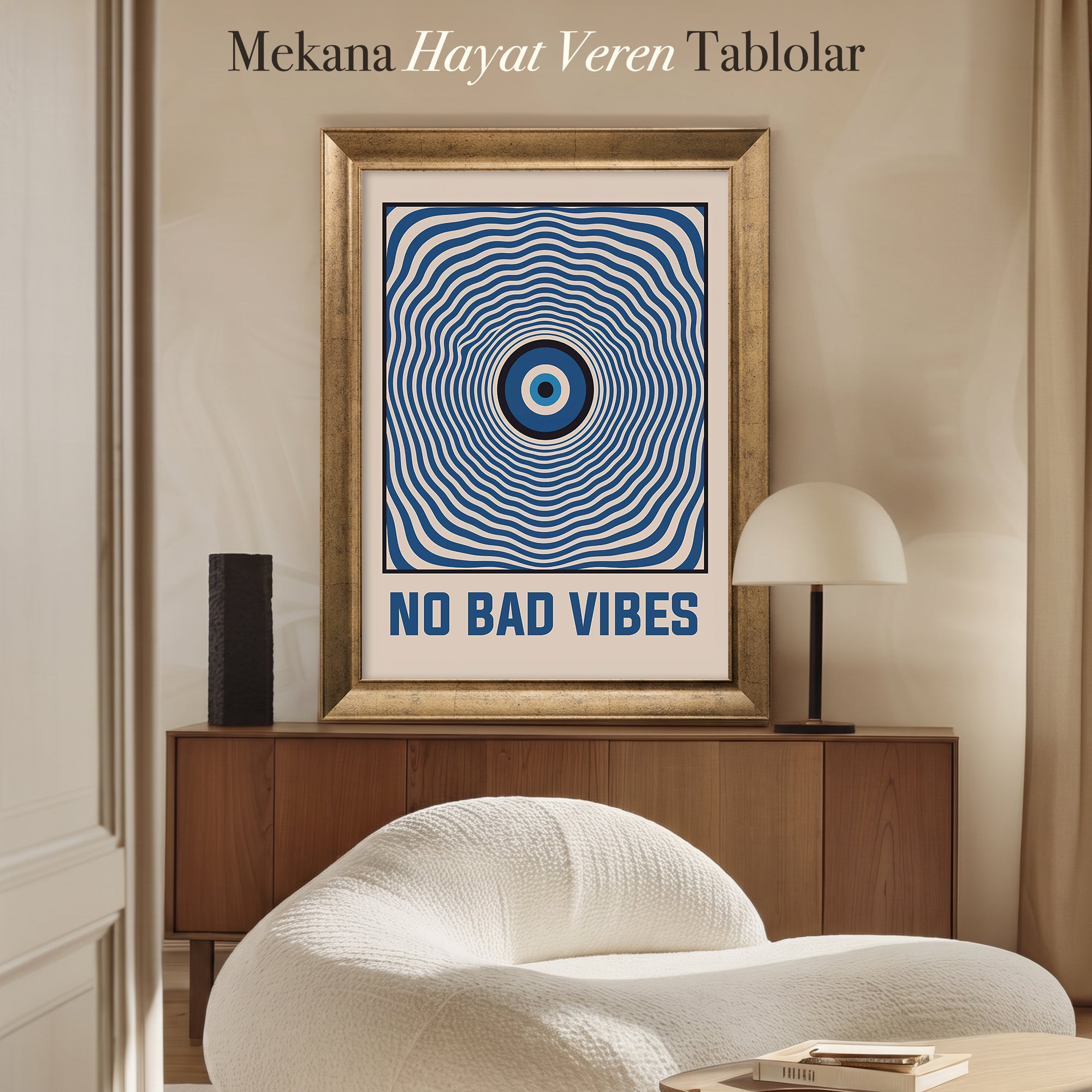 No Bad Vibes Nazar Gözü Kanvas Tablo – Mavi Retro Tipografik Duvar Sanatı
