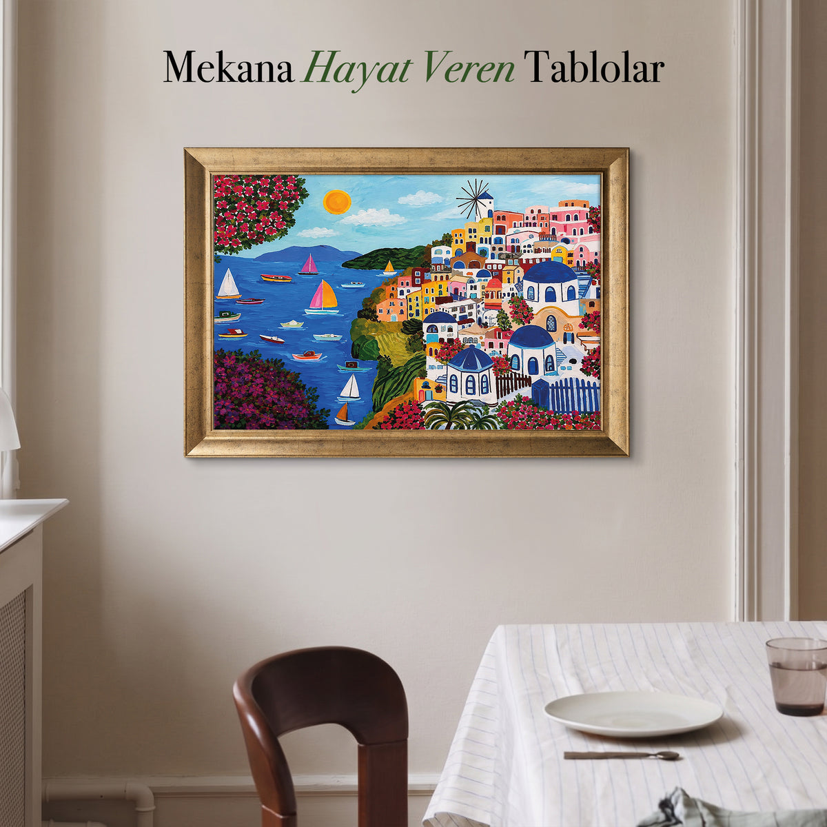 Santorini Sahil Manzarası – Renkli Kanvas Tablo