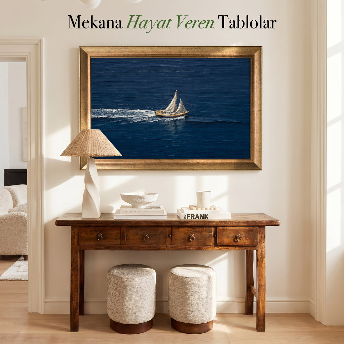 Lacivert Deniz Yelkenli Kanvas Tablo – Minimal Tekne Temalı Dekoratif Duvar Tablosu