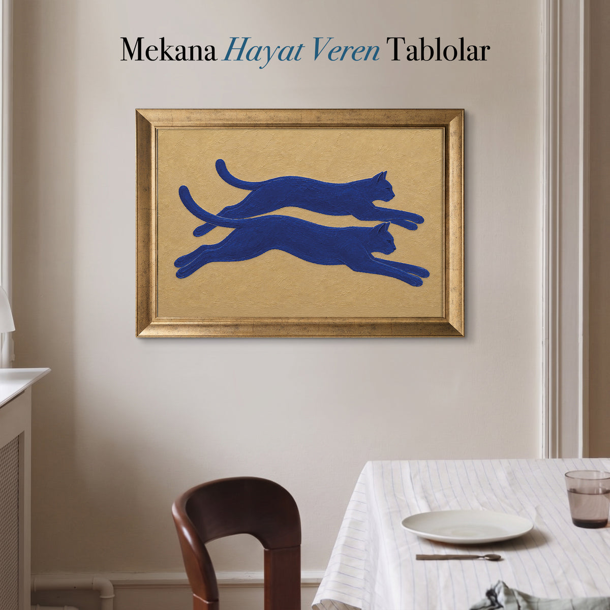 Mavi Koşan Kediler Kanvas Tablo