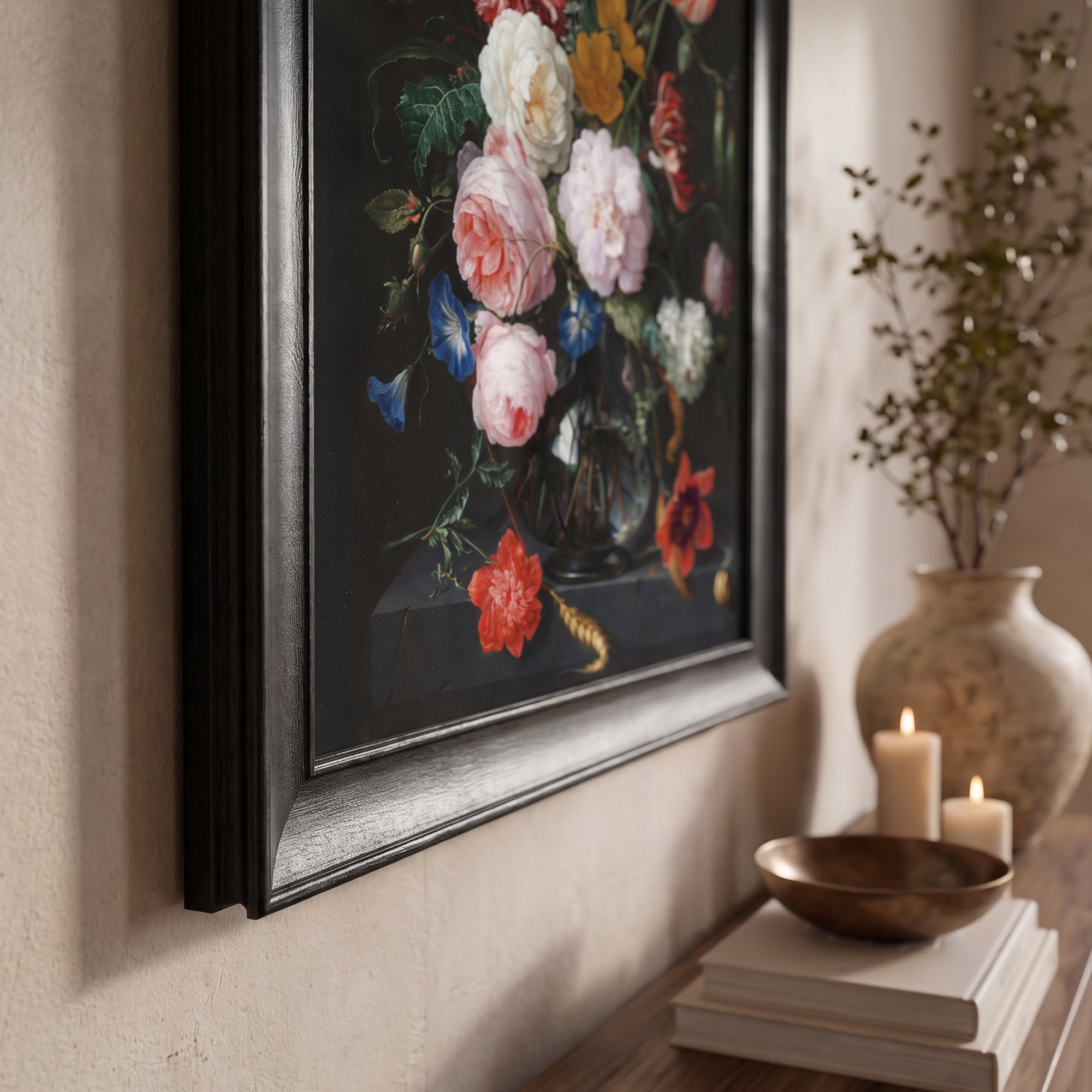 Koyu Zemin Çiçek Buketi Poster – Vintage Floral Dekoratif Duvar Posteri