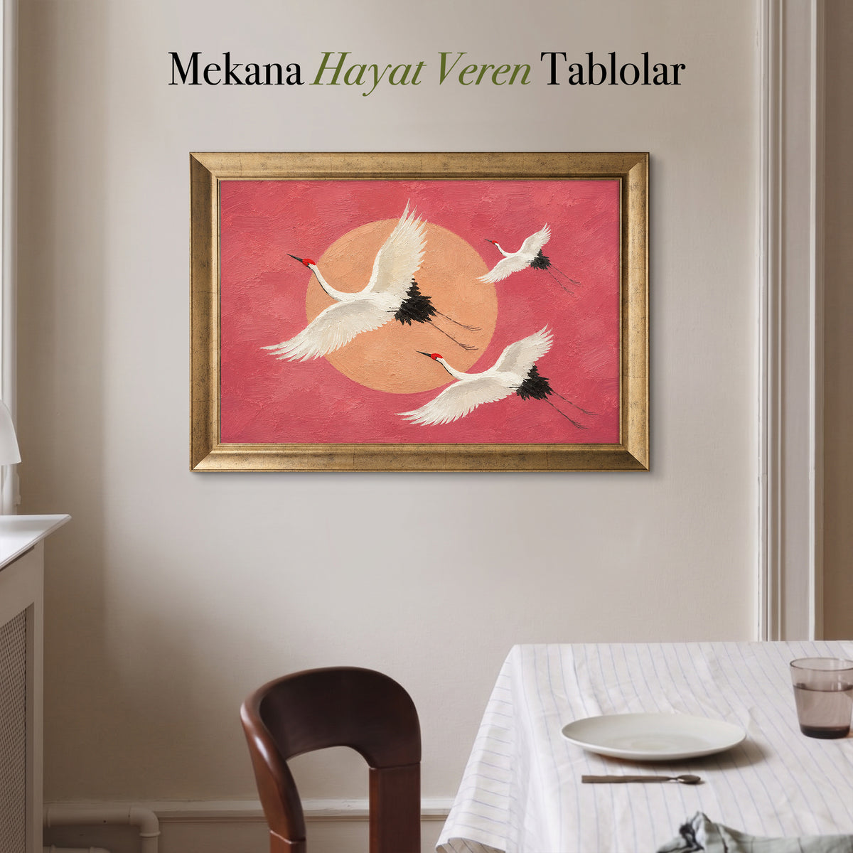 Pembe Gökyüzünde Uçan Turnalar – Modern Kanvas Tablo