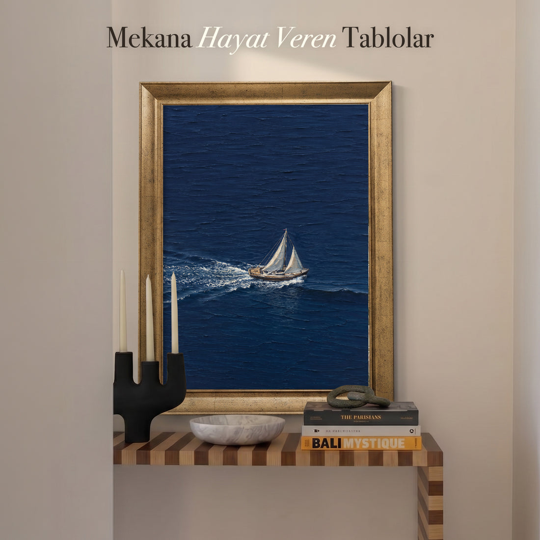 Lacivert Yelkenli Kanvas Tablo – Minimal Deniz Temalı Modern Dekoratif Duvar Tablosu