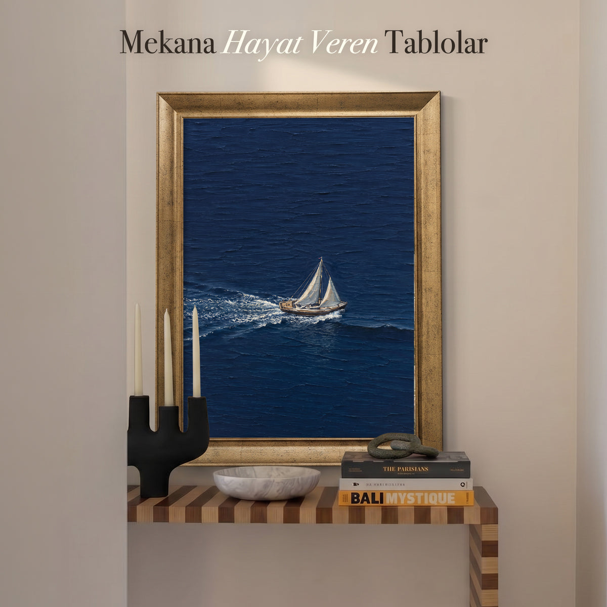 Lacivert Yelkenli Kanvas Tablo – Minimal Deniz Temalı Modern Dekoratif Duvar Tablosu