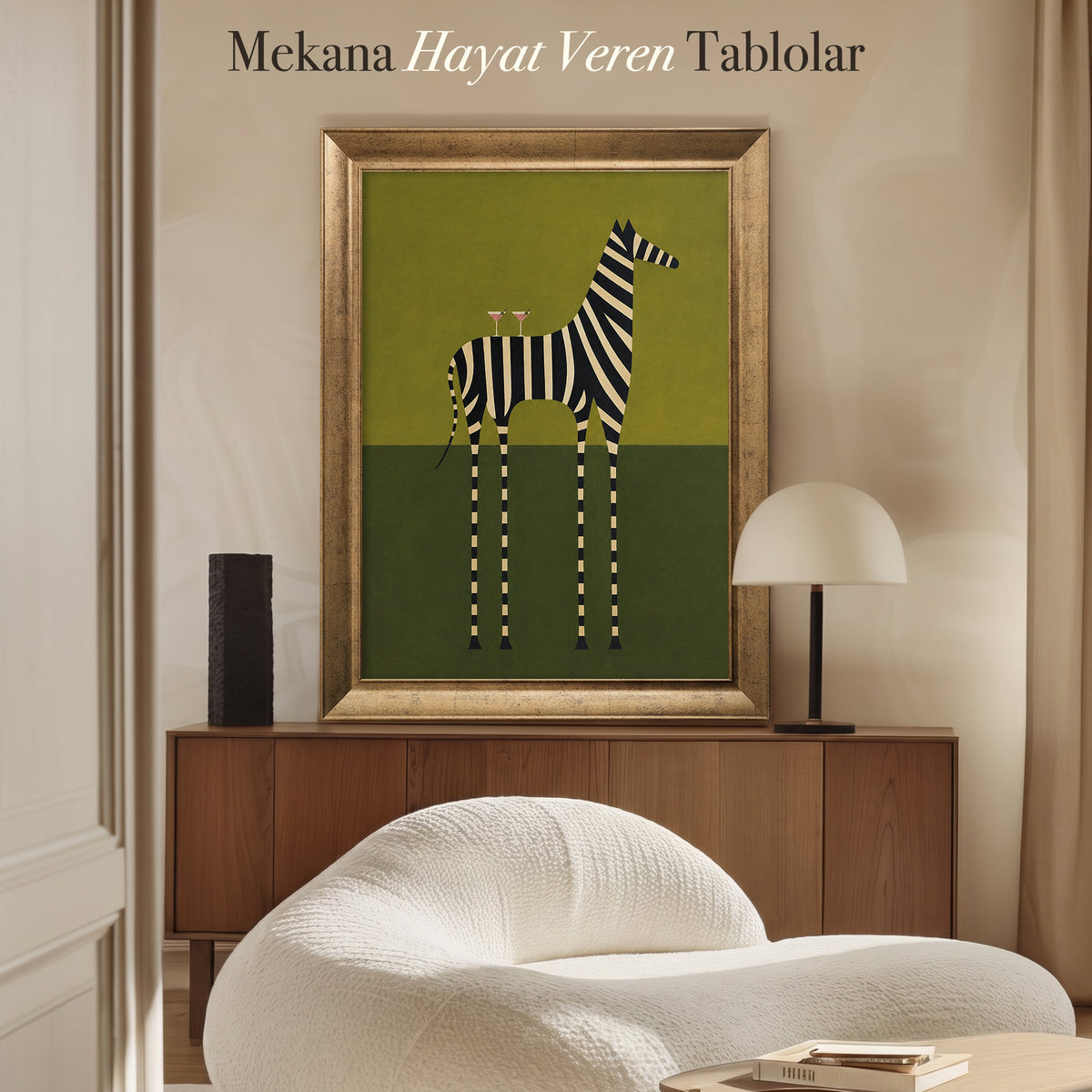Yeşil Zeminde Zebra Figürü Kanvas Tablo
