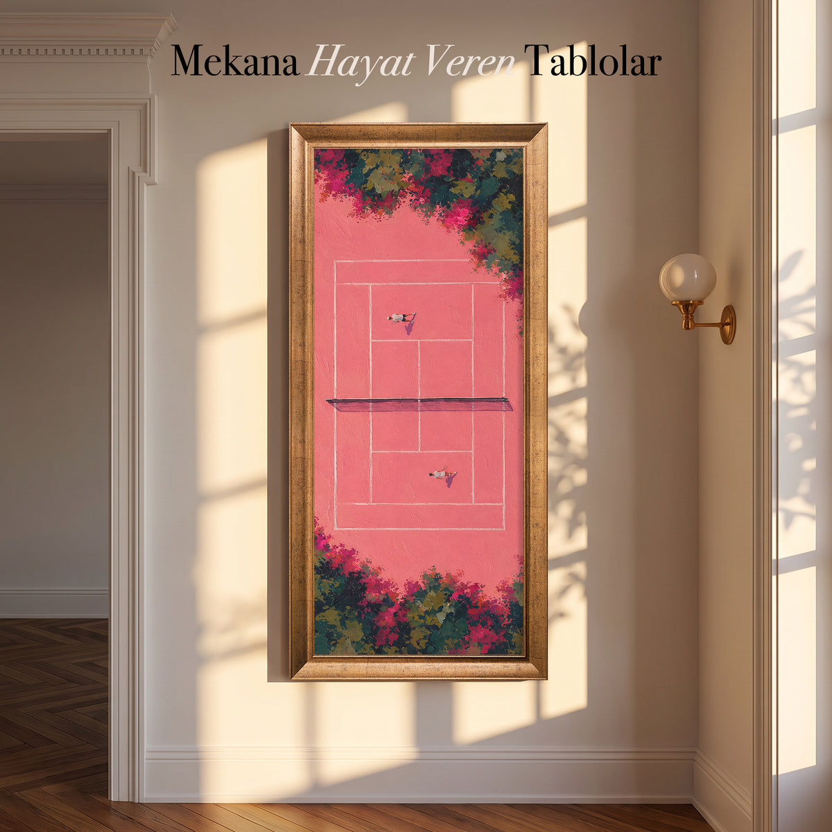 Pembe Tenis Kortu – Büyük Dikey Panoramik Kanvas Tablo