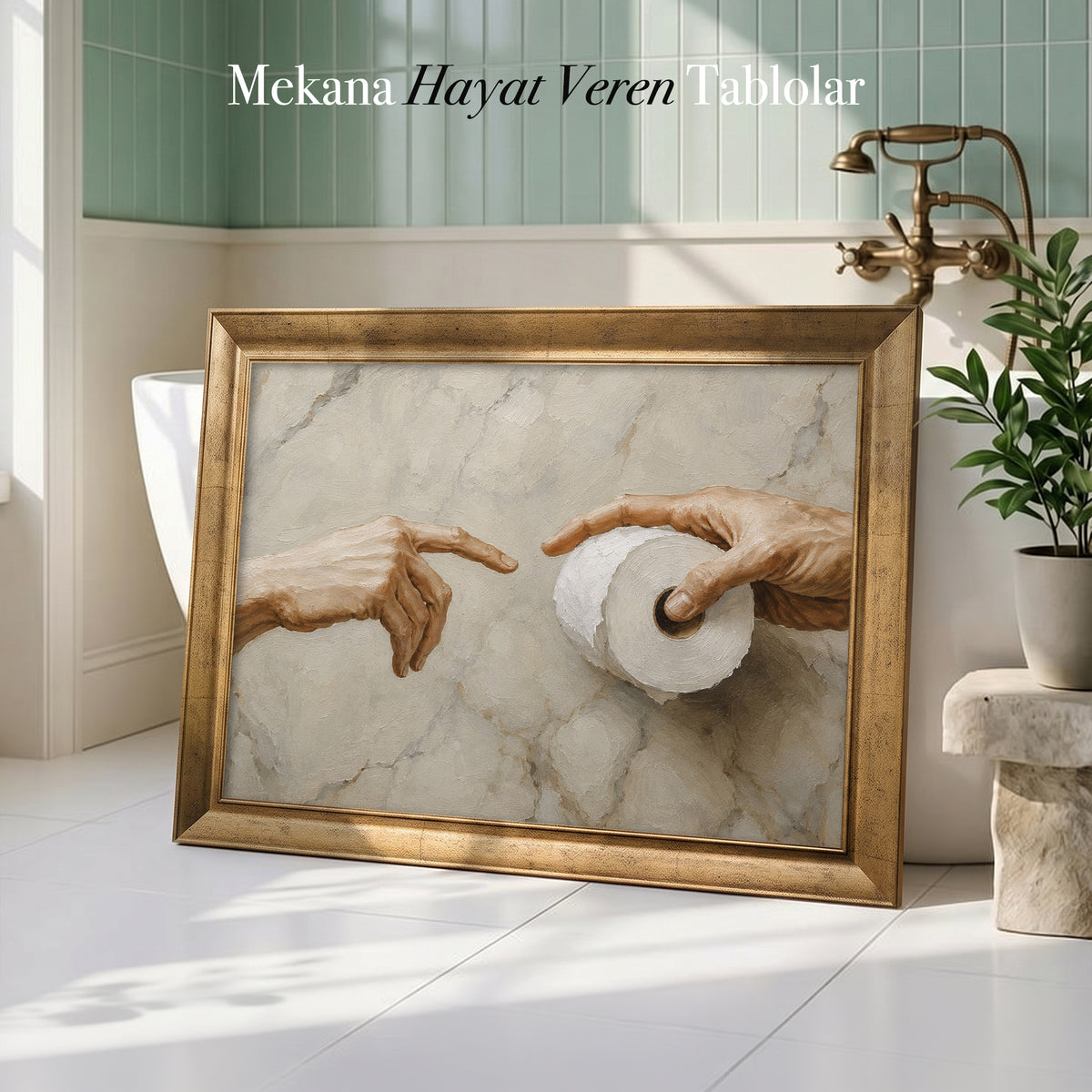 Tuvalet Kağıdı ve Michelangelo Elleri – Mizahi Klasik Sanat Kanvas Tablo