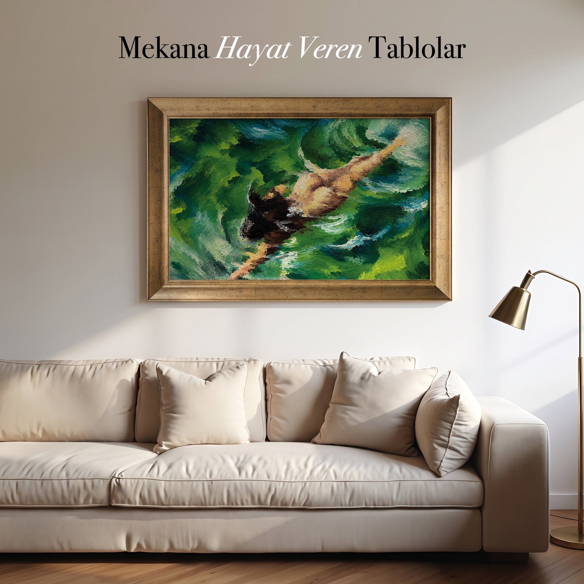 Yeşil Mavi Dalgalar Kanvas Tablo – Yüzen Kadın Figürlü Modern Duvar Tablosu