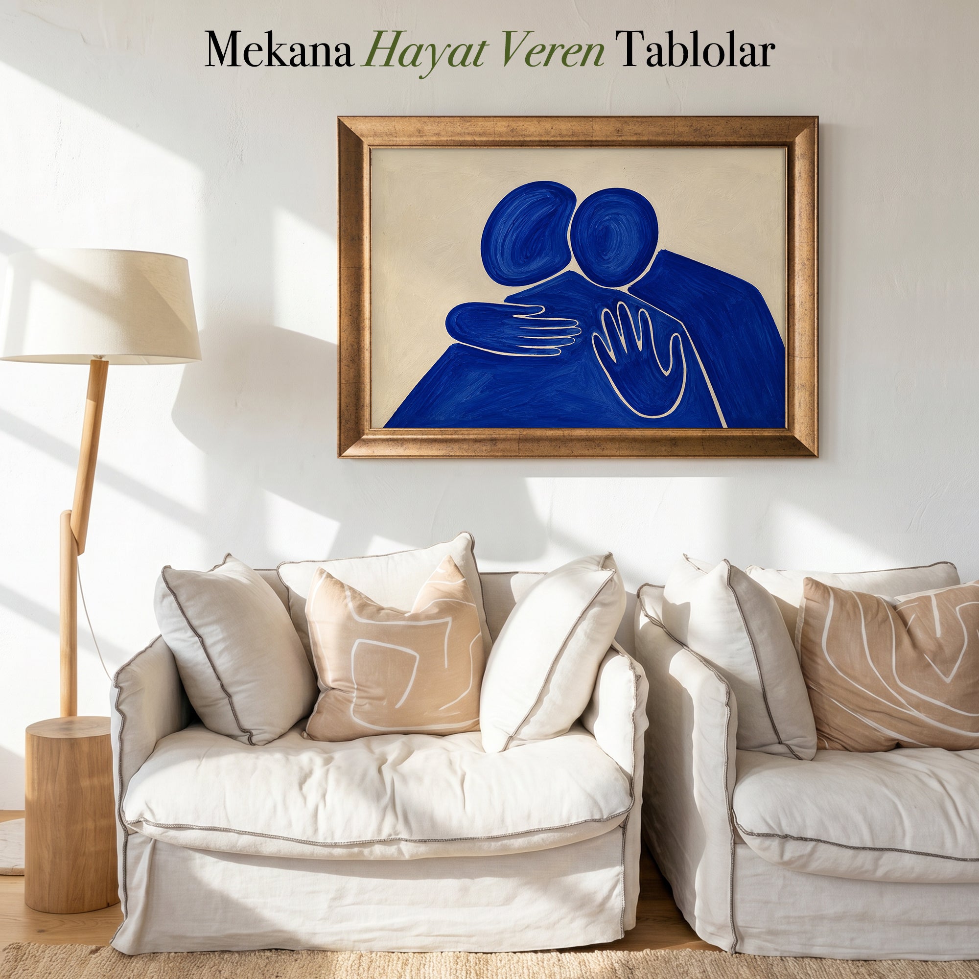 Mavi Sarılma Figürü – Modern Soyut Kanvas Tablo (Yatay)