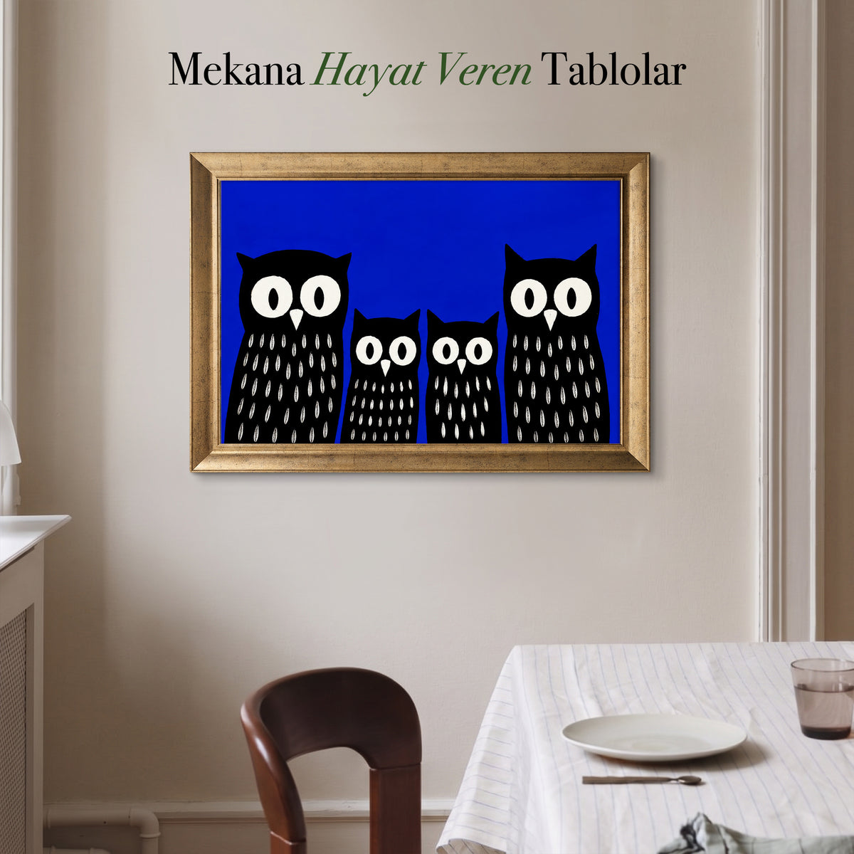 Lacivert Zeminde Baykuş Ailesi Kanvas Tablo