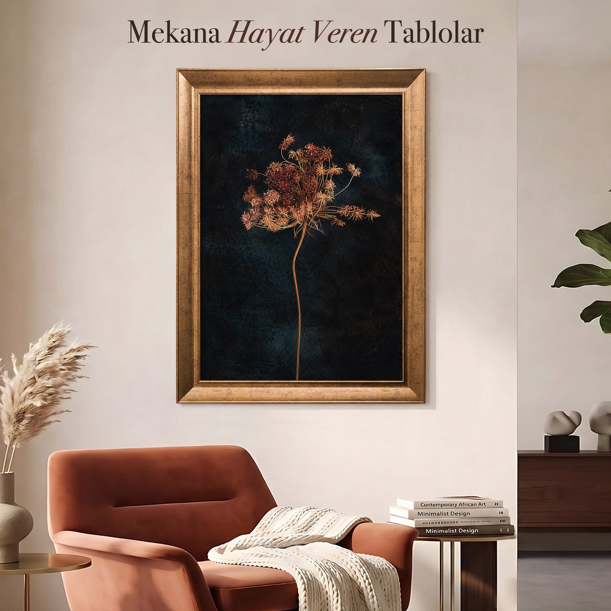Koyu Zemin Kurutulmuş Çiçek – Minimal Botanik Kanvas Tablo