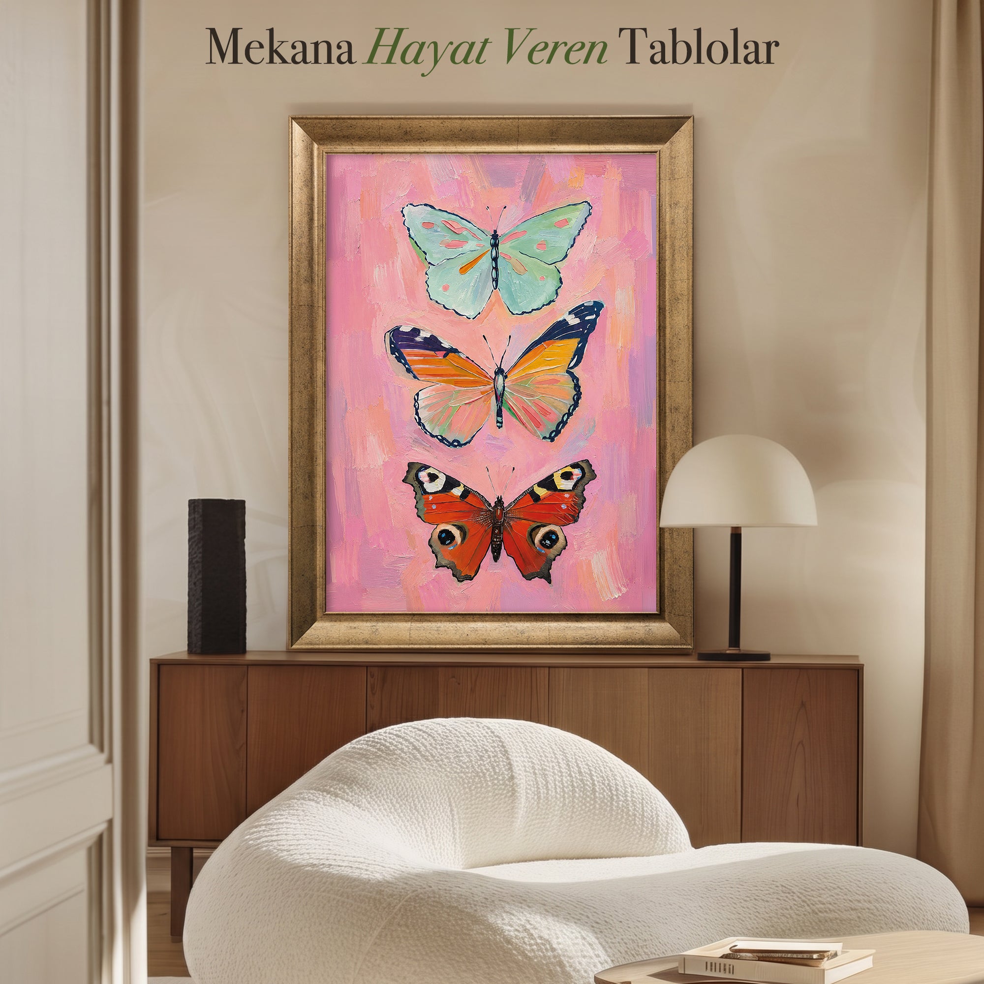 Pembe Zeminde Kelebekler – Renkli Modern Kanvas Tablo