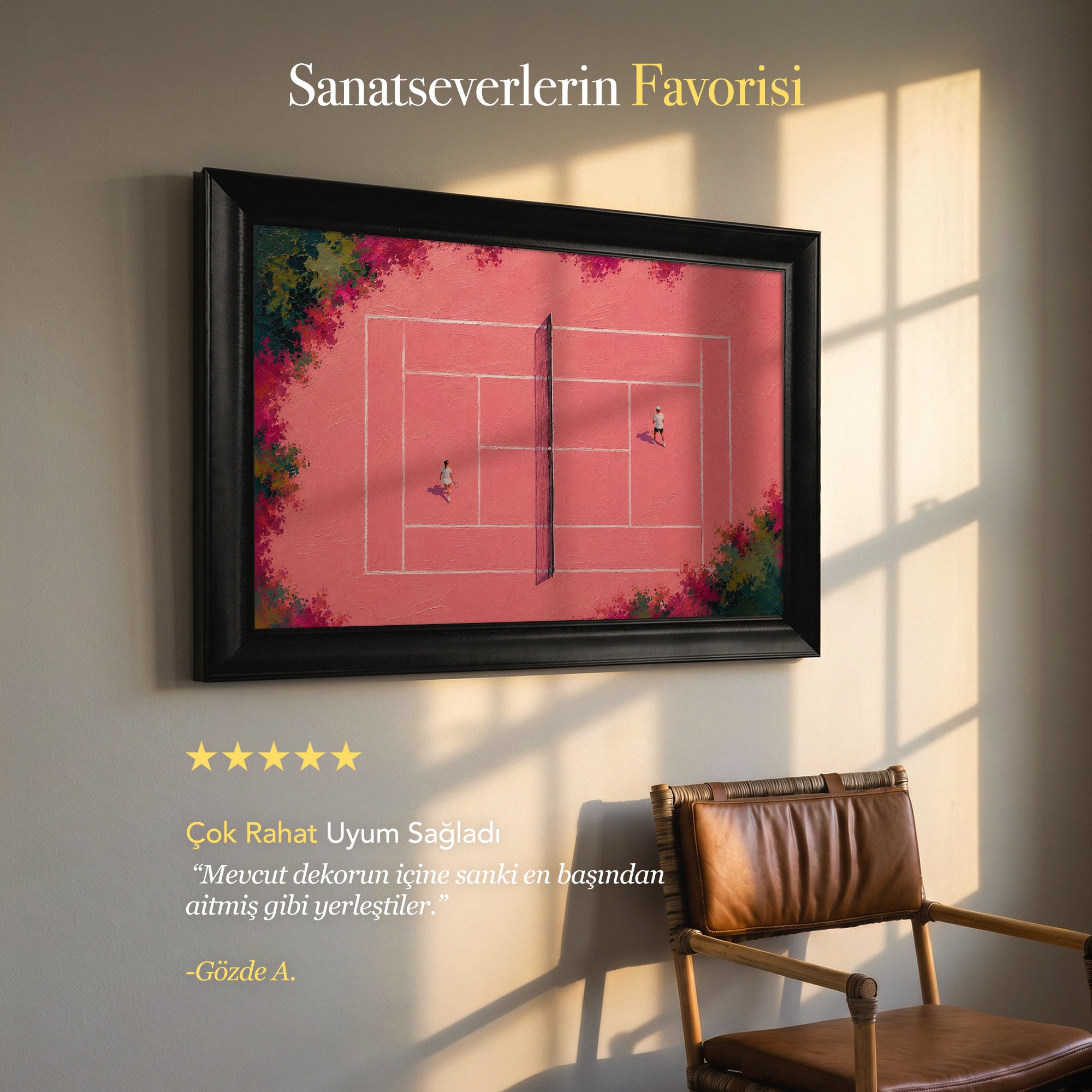 Pembe Tenis Kortu Kanvas Tablo – Yukarıdan Görünüm Modern Spor Temalı Duvar Tablosu