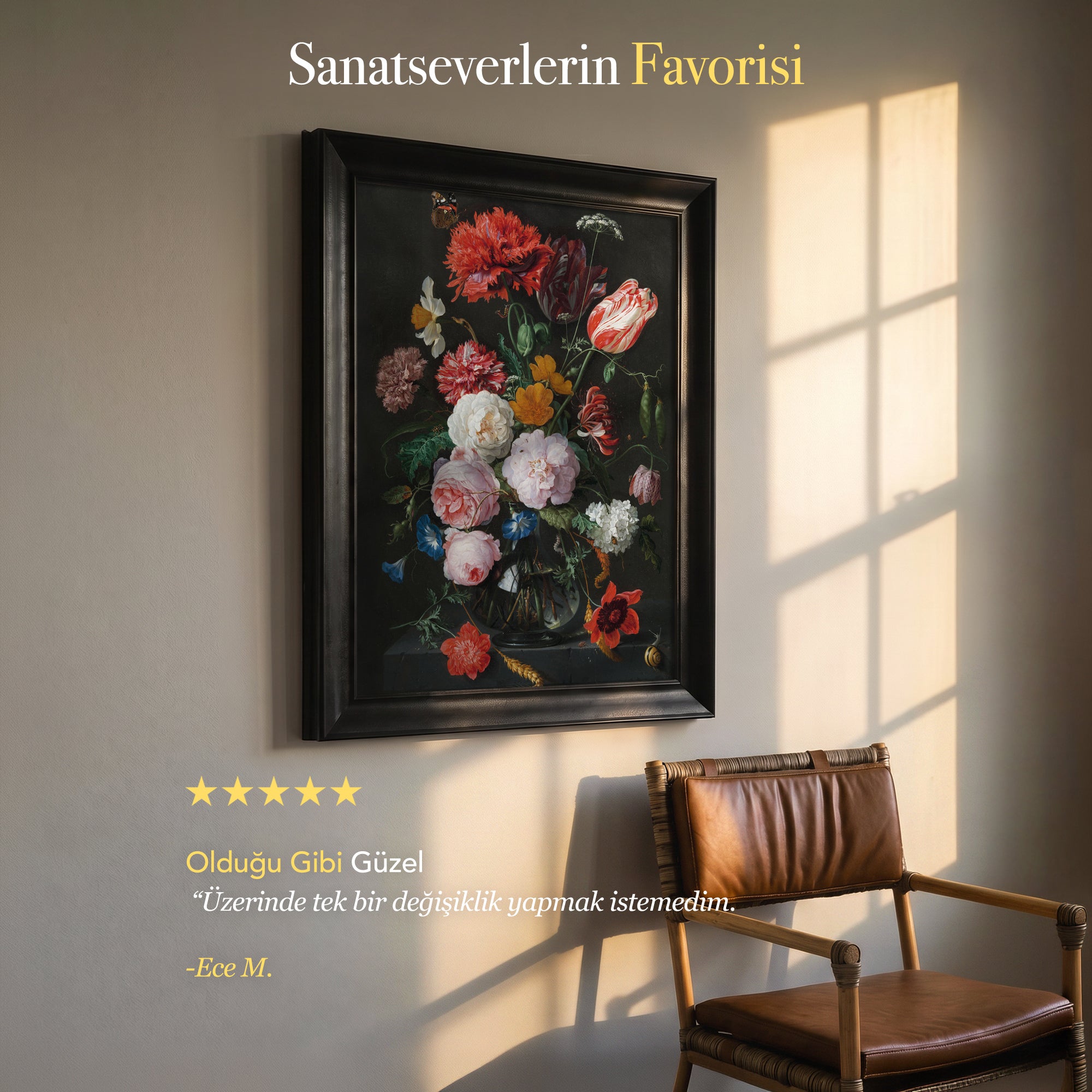 Koyu Zemin Çiçek Buketi Poster – Vintage Floral Dekoratif Duvar Posteri