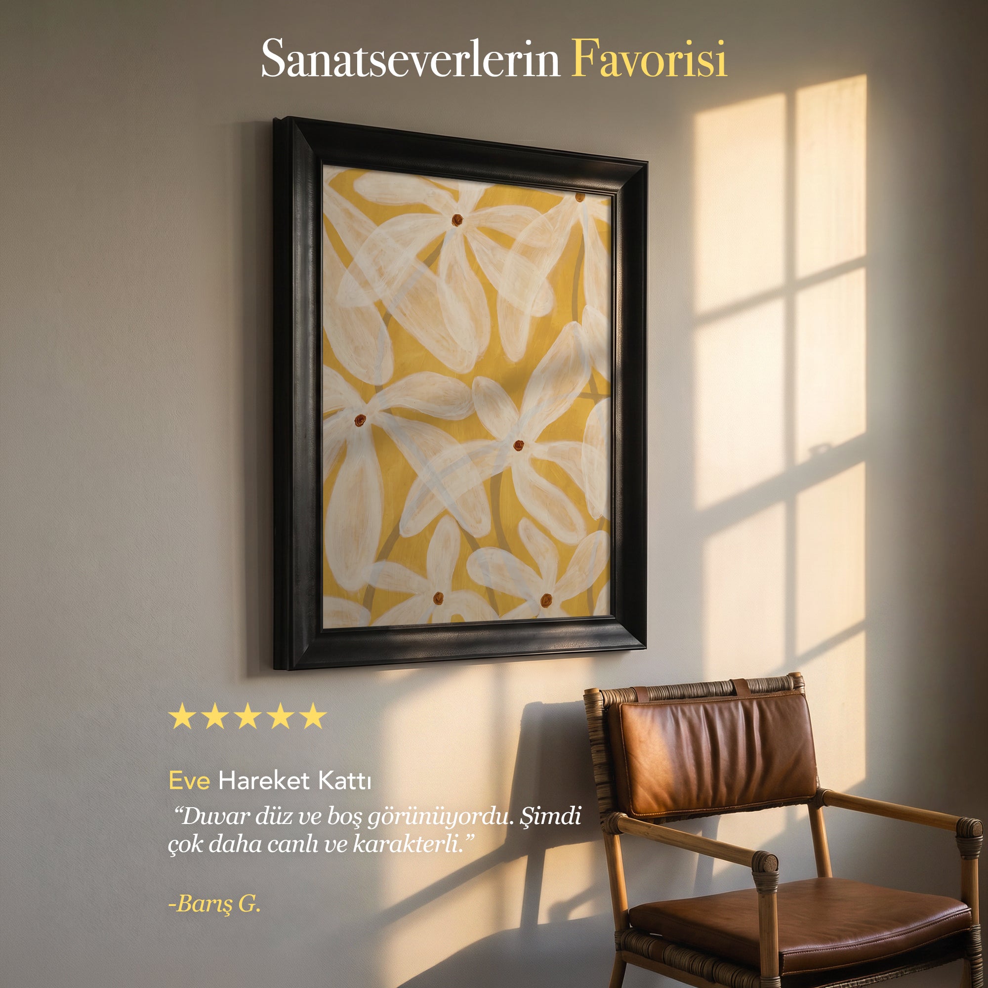 Sarı Zeminde Beyaz Çiçekler Kanvas Tablo – Modern Botanik Dekoratif Duvar Tablosu